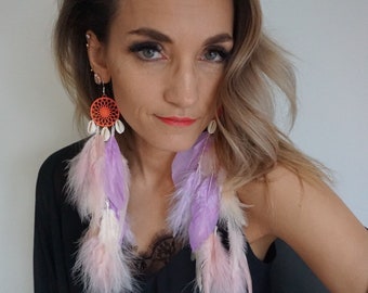 Dreamcatcher earrings, Long feather earrings, Grizzly Feather Earrings, Hippie earrings, extra long Boho Earrings, pink earrings