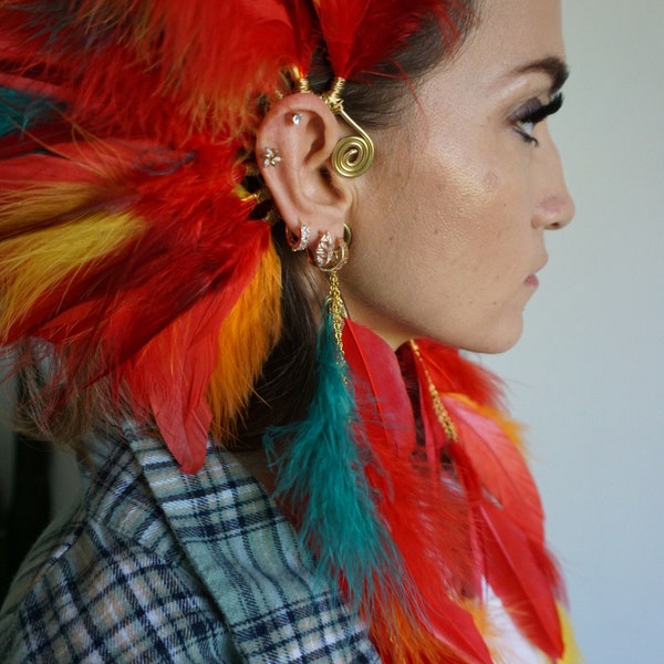 Gorgeous Feather Ear Cuff, Feather Ear Wrap, Festival Ear Cuff, OOAK, Tribal, Festival, Cosplay,burning man, red, orange, yellow