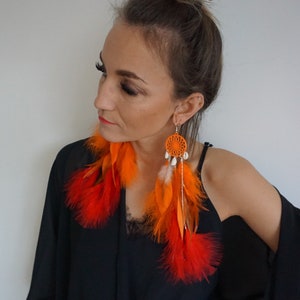 Boucles d&#39;oreilles attrape-rêves, boucles d&#39;oreilles longues plumes, boucles d&#39;oreilles plumes grizzly, boucles d&#39;oreilles hippies, boucles d&#39;oreilles bohèmes extra longues, boucles d&#39;oreilles orange