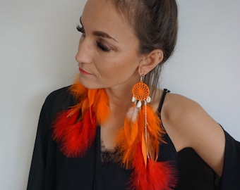 Dreamcatcher earrings, Long feather earrings, Grizzly Feather Earrings, Hippie earrings, extra long Boho Earrings, orange earrings