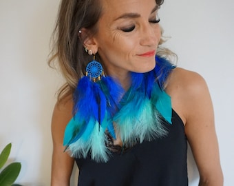 Dreamcatcher earrings, Long feather earrings, Grizzly Feather Earrings, Hippie earrings, extra long Boho Earrings, colorfull earrings