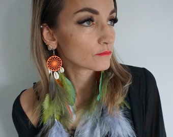 Dreamcatcher earrings, Long feather earrings, Grizzly Feather Earrings, Hippie earrings, extra long Boho Earrings, colorfull earrings