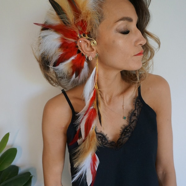 Beige red white feathers ear cuff, ear braclet, Feather Ear Wrap, Hair Headpiece, Festivals, OOAK, burning man ear cuff, Festival cosplay