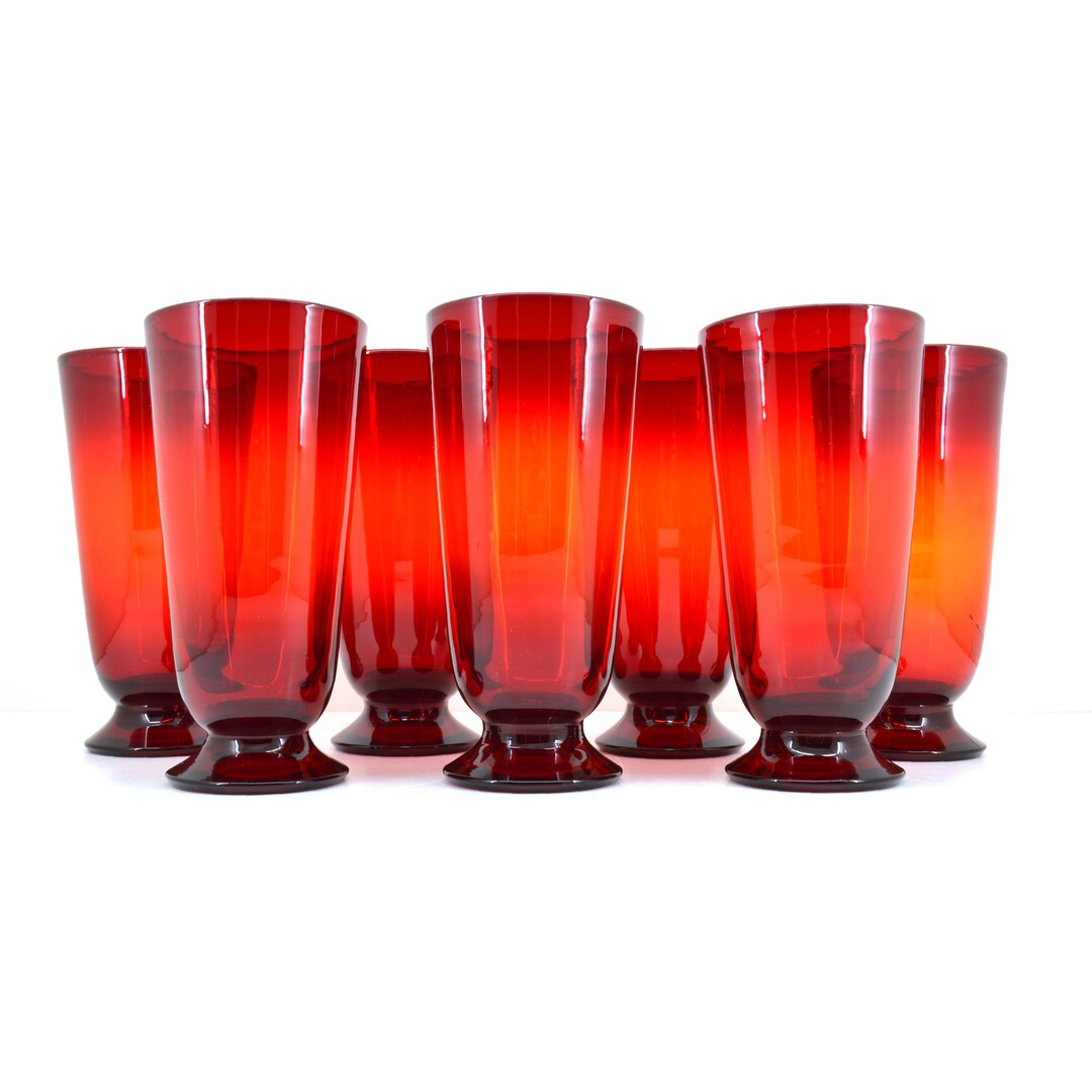 Early Blenko 3 Set of 7 Rubytangerine Footed Tumblers From Etsy