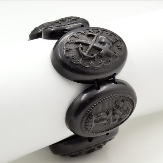 Antique Black Vulcanite Mourning Bracelet - Chunky Victorian Era Stretch Bracelet c.1870s - Remarkably Clear and Crisp Details