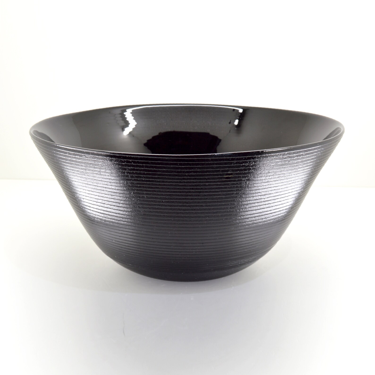 Large Ringed Black Glass Bowl Art Deco Studio Art Glass Reeded Opaque