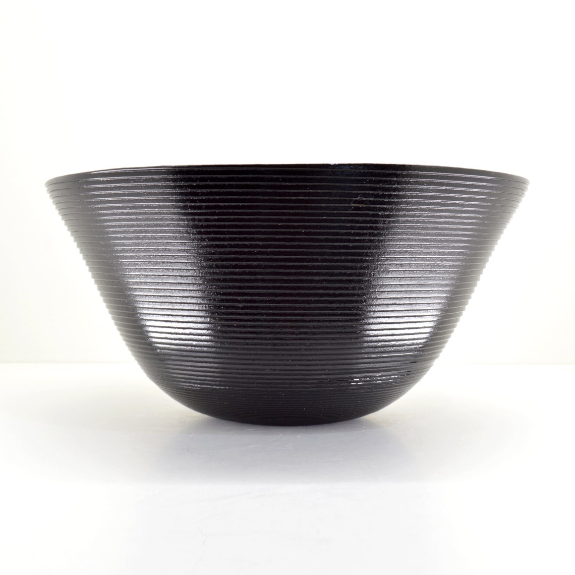 Large Ringed Black Glass Bowl Art Deco Studio Art Glass Reeded Opaque Glass Bowl 11x6 MCM Decor