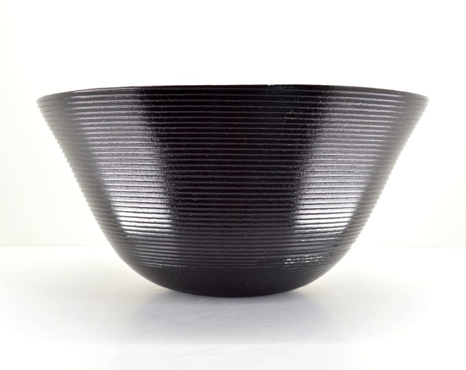Large Ringed Black Glass Bowl - Art Deco Studio Art Glass - Reeded ...