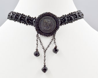 Antique Handmade Black Cameo Choker Necklace - Victorian Mourning Jewelry - Black Horn or Vulcanite Cameo Medallion & Hand-Carved Jet