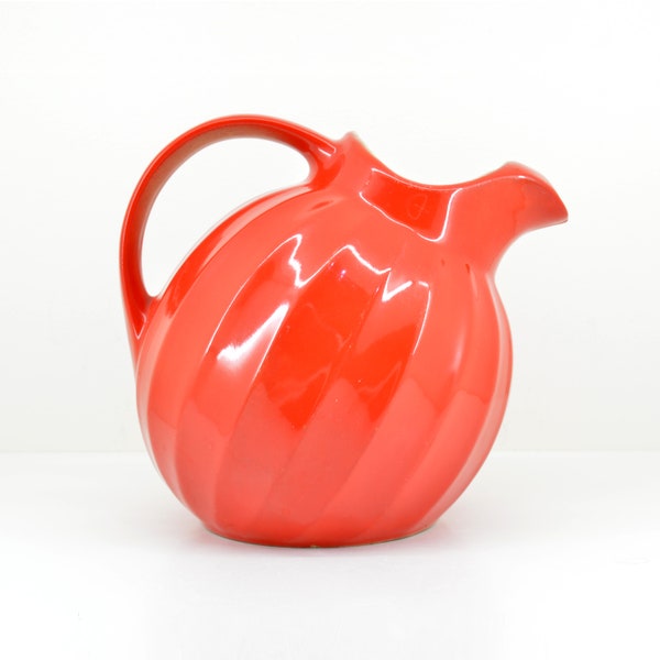 Tilted Red Ball Pitcher with Ice Lip Scarlet and Cream/Beige Fluted Colorware Ceramic Water Jug