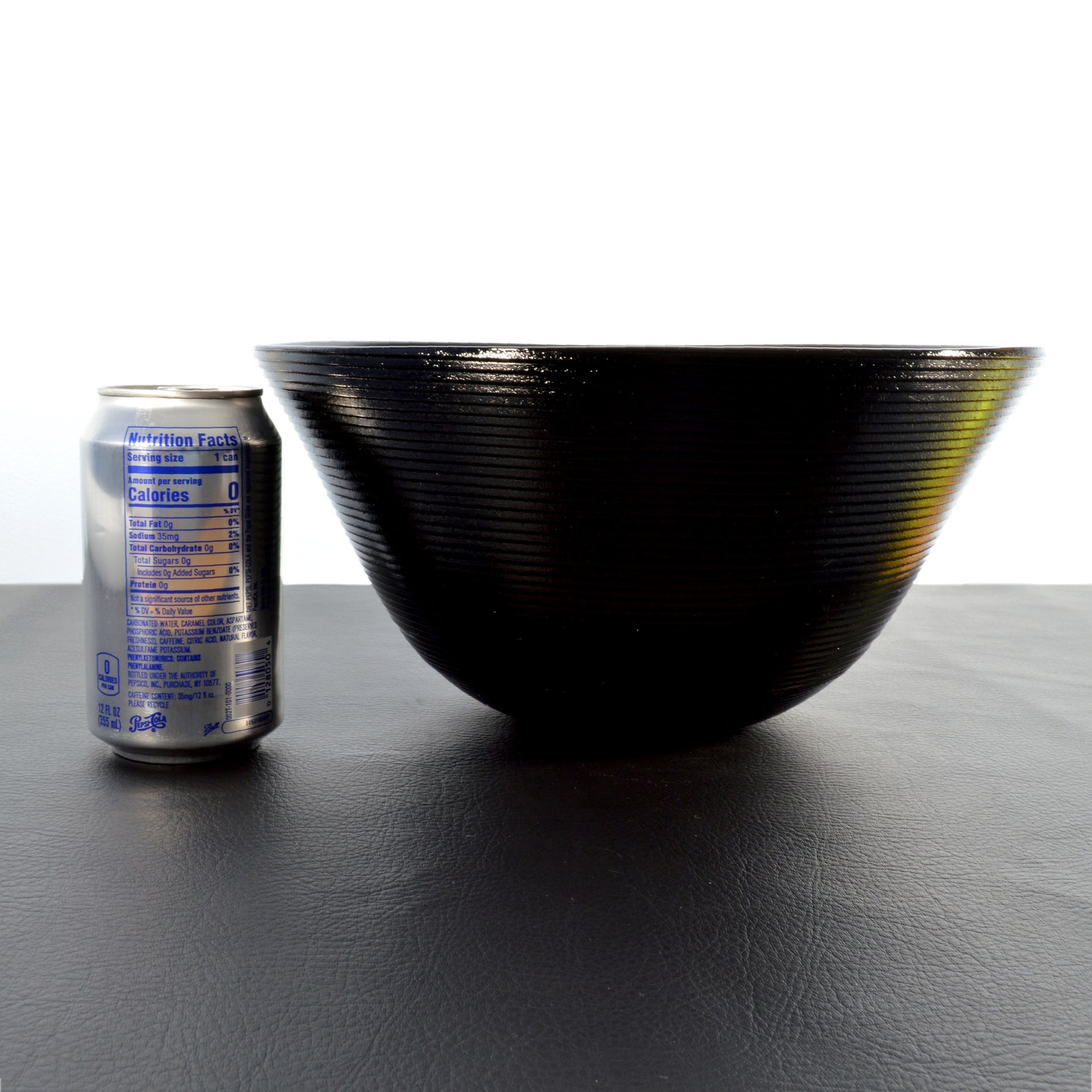 Large Ringed Black Glass Bowl Art Deco Studio Art Glass Reeded Opaque