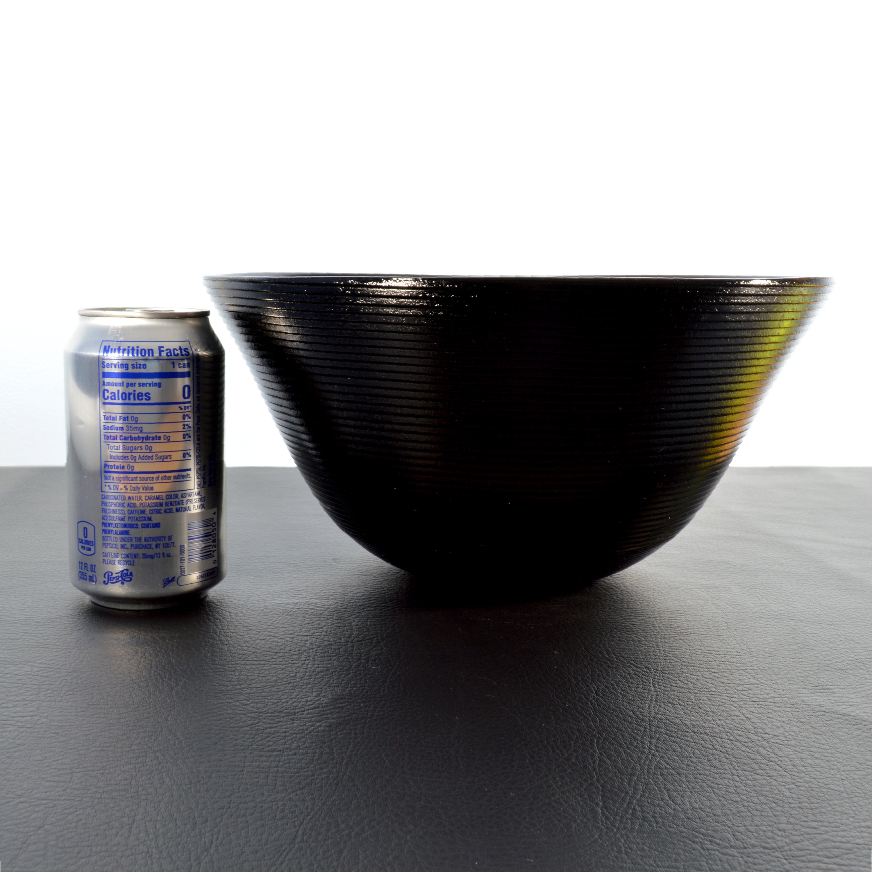 Large Ringed Black Glass Bowl Art Deco Studio Art Glass Reeded Opaque