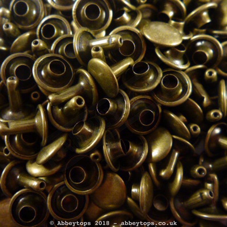 Double Cap Rivets 6x5 7x7 9x8, 9x10, 9x12 & 13x8 Stud Rapid Rivets Leather Craft Repair x100 Antique Brass
