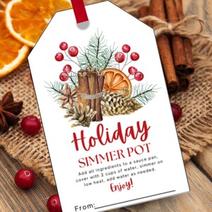 May include: A white tag with a red ribbon features a watercolor illustration of cinnamon sticks, berries, and pine. The text reads "Holiday Simmer Pot" with instructions and the word "Enjoy!"
