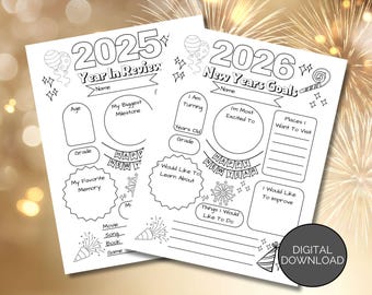 Actividad infantil de Nochevieja, imprimible, resumen del año 2025 y objetivos para el Año Nuevo 2026, propósitos de Año Nuevo, tablero de visión, tabla de objetivos para colorear