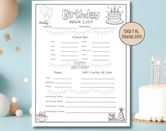 Birthday Wish List, PRINTABLE, Birthday Wishlist, Gift Questionnaire, Want, Need, Wear, Read Teen Favorites List, Kids Birthday Coloring