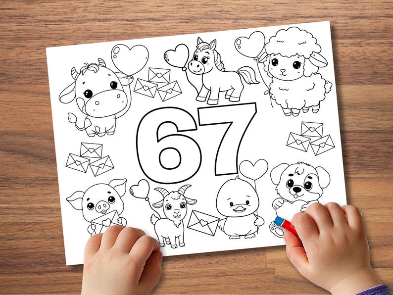 6-7 Valentine Coloring Sheet, PRINTABLE, 67 Farm Animal Coloring Page