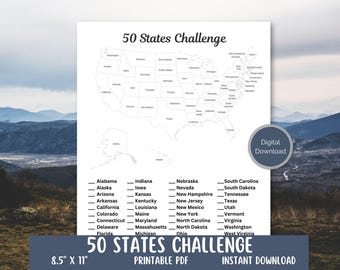 50 States Challenge Tracker, US Travel Bucket List, Printable PDF