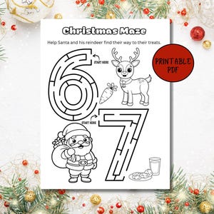 May include: Black and white Christmas maze printable PDF with Santa Claus, a reindeer, and the numbers 6 and 7. The maze challenges users to help Santa and his reindeer find their treats. Includes a carrot, cookies, and a glass of milk.