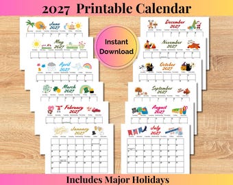 2027 Calendar, PRINTABLE 12 Month Calendar, Monthly Planner, Desk Calendar, Kids Calendar, Homeschool Calendar, Classroom Wall Calendar