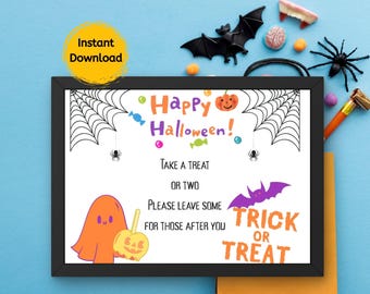 Trick or Treat Sign PRINTABLE, Halloween Candy Sign, Please Take One, Take A Treat Porch Sign, Help Yourself Trunk or Treat Instant Download