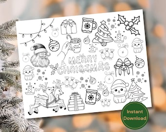 May include: Black and white line art illustration with Christmas-themed elements. Includes Santa Claus, reindeer, gifts, ornaments, a Christmas tree, mugs, candles, and the text "MERRY CHRISTMAS". A green circle with the text "Instant Download" is in the bottom right corner.