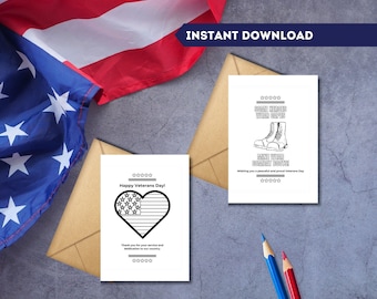 Tarjeta para colorear del Día de los Veteranos para niños, Agradecimiento a los veteranos, Agradecimiento militar por su servicio, Tarjeta de felicitación, PDF imprimible