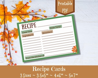 May include: A rectangular recipe card with a green border featuring the text RECIPE, Cook Time, Oven Temp, Ingredients, Directions, and From the kitchen of. A small turkey graphic is in the bottom right corner. A brown tag reads Printable PDF.