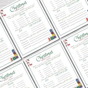 May include: Several white Christmas wish list sheets with green borders are displayed. Each sheet has a header that reads "Christmas Wish List" in a festive font. The sheets include sections for name, favorites, sizes, and gift cards.