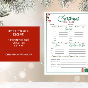 May include: A printable Christmas wish list with a green border and festive decorations. The list includes sections for favorites, sizes, and gift card preferences. The red box states: "WHAT YOU WILL RECEIVE: 1 PDF IN THE SIZE US LETTER 8.5" X 11" CHRISTMAS WISH LIST."