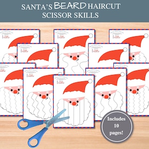Actividad de cortar la barba de Papá Noel, Hoja de trabajo imprimible con tijeras navideñas, Práctica de motricidad fina para preescolar y jardín de infantes