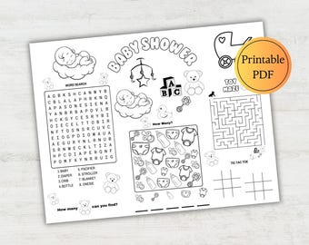 Baby Shower Activity Placemat, Baby Shower Coloring Page for Kids, Digital Download