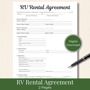 RV Rental Contract, PRINTABLE, Camper Rental Agreement, Motorhome Rental Form, Travel Trailer Lease, Campervan, Van Rental, Digital Download