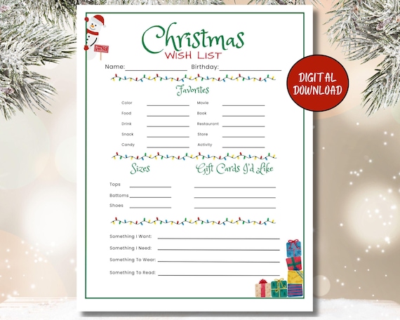 Christmas Wish List, PRINTABLE, Christmas Wishlist, Gift Questionnaire, Want, Need, Wear, Read Favorites List, Kids and Teens Christmas List