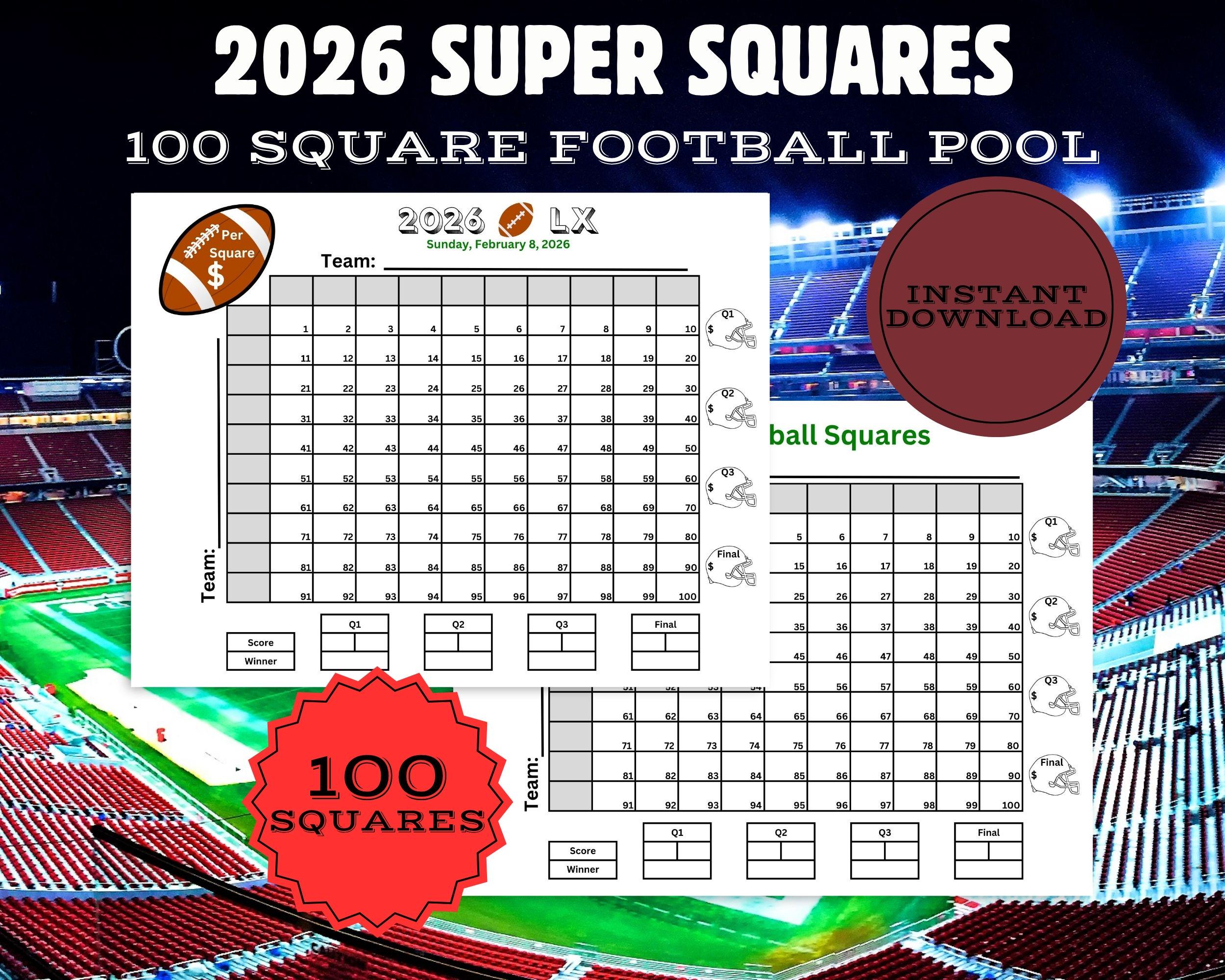 super big game football squares, printable 100 square football