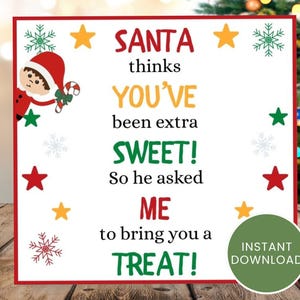 Op de afbeelding: Een kerst-thema printbaar bord met een rode rand. De tekst luidt: "SANTA denkt dat je extra LIEF bent geweest! Dus vroeg hij ME om je een TREAT te brengen!" Met sterren, sneeuwvlokken en een Santa-afbeelding.
