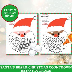 May include: Printable Christmas countdown activity featuring a Santa beard with numbered circles. Glue cotton balls onto the circles to count down to Christmas. The text "COUNTDOWN TO Christmas" and "Merry Christmas!" is included.