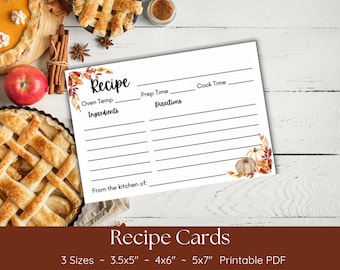 Pode incluir: Um cartão de receita retangular branco com ilustrações em aquarela de folhas de outono e abóboras. O cartão inclui campos de texto impressos para Recipe, Oven Temp, Prep Time, Cook Time, Ingredients, Directions e From the kitchen of.