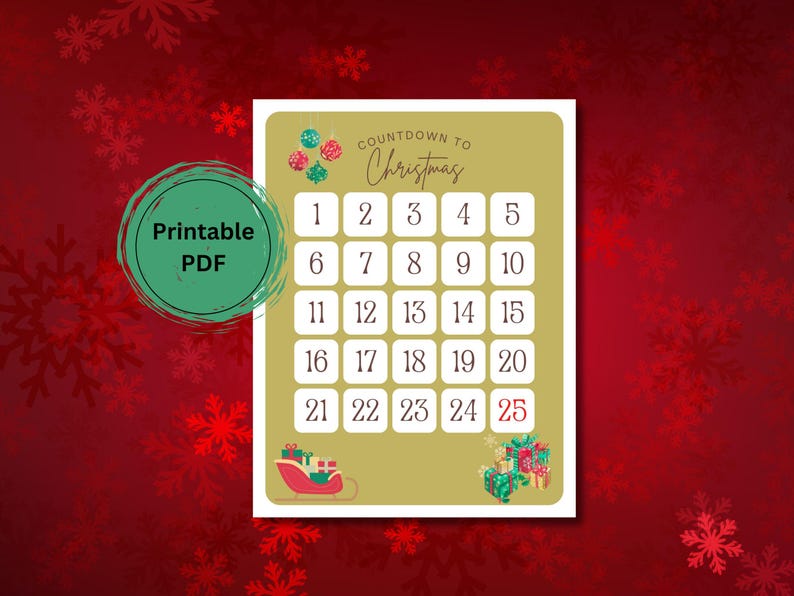 Advent Calendar Printable PDF, Countdown to Christmas 2024, December