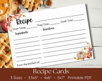 Fall Recipe Cards, PRINTABLE, Thanksgiving Recipe Card, Kitchen, Baking, Cooking, Pumpkin Recipe Card, 3.5x5, 4x6, 5x7 Autumn Recipe Cards