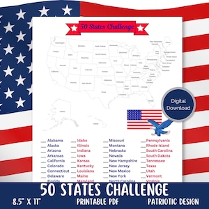 50 US-States Challenge, DRUCKBARE USA Bucket List, US Fifty State Tracker, Reiseziele, Reisen Sie alle 50 US-Staten Karte, Amerika Checklist