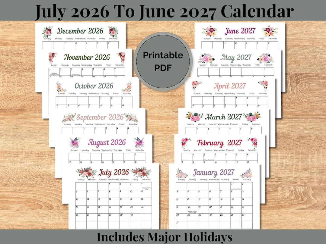 2026-2027 July to June Calendar, PRINTABLE Watercolor Floral Calendar