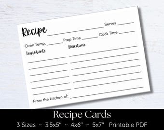 Recipe Cards, PRINTABLE, Minimal Recipe Card, Farmhouse Recipe Card, Kitchen, Baking, Cooking, 3.5x5, 4x6, 5x7 Recipe Card, Digital Download