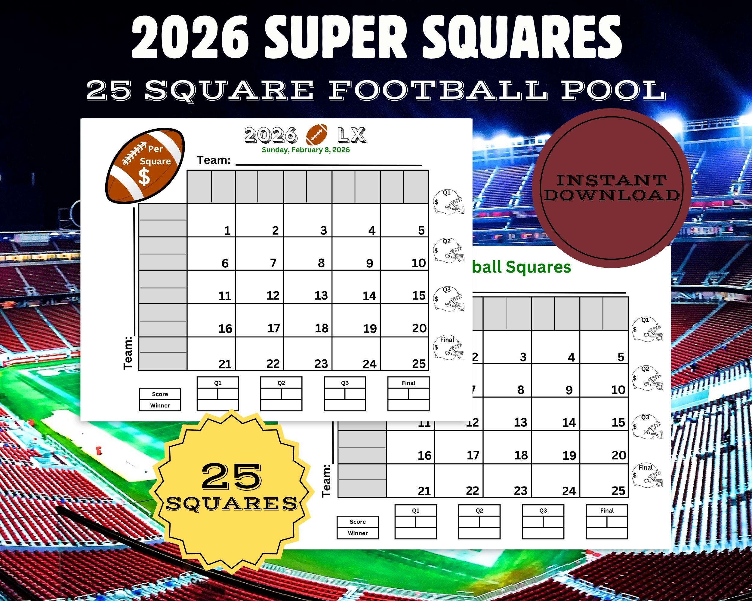 super big game football squares, printable 25 square football pool