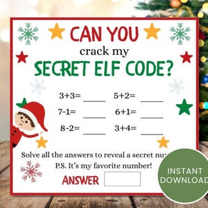 Op de afbeelding: Een feestelijk, op Kerstmis geïnspireerd printbaar spel met de tekst "CAN YOU crack my SECRET ELF CODE?" Het rood omrande spel bevat wiskundige problemen, ster- en sneeuwvlokdecoraties en een ruimte voor het antwoord. Een groene cirkel zegt "INSTANT DOWNLOAD".