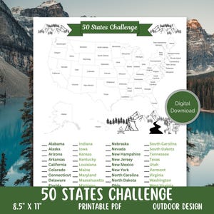 50 US-States Challenge, DRUCKBARE USA Bucket List, US Fifty State Tracker, Reiseziele, Reisen Sie alle 50 US-Staten Karte, Camping Checkliste