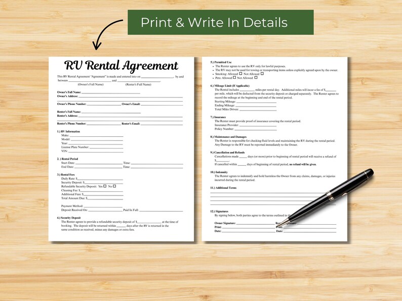 Personal Rv Rental Form RV Rental Agreement, Camper Contract, Motorhome Lease, Digital Download ...