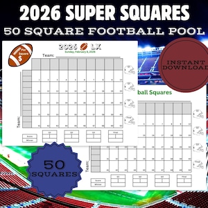 Super Big Game Football Squares, PRINTABLE 50 Square Football Pool, 2026 Super Big Bowl Pool, Team Fundraiser, Betting Board, Party Games