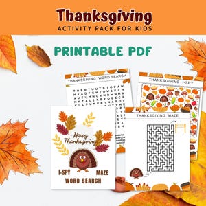Könnte beinhalten: Druckbarer Thanksgiving-Aktivitätspaket für Kinder. Das Paket enthält ein Wortsuchspiel, ein I-Spy-Spiel und ein Labyrinth. Die Aktivitäten zeigen Herbstfarben und Thanksgiving-Motive.