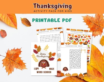 Thanksgiving Activity Bundle PRINTABLE, Thanksgiving Games for Kids, I-Spy, Word Search, Maze, Homeschool Learning, Fall Activities Bundle